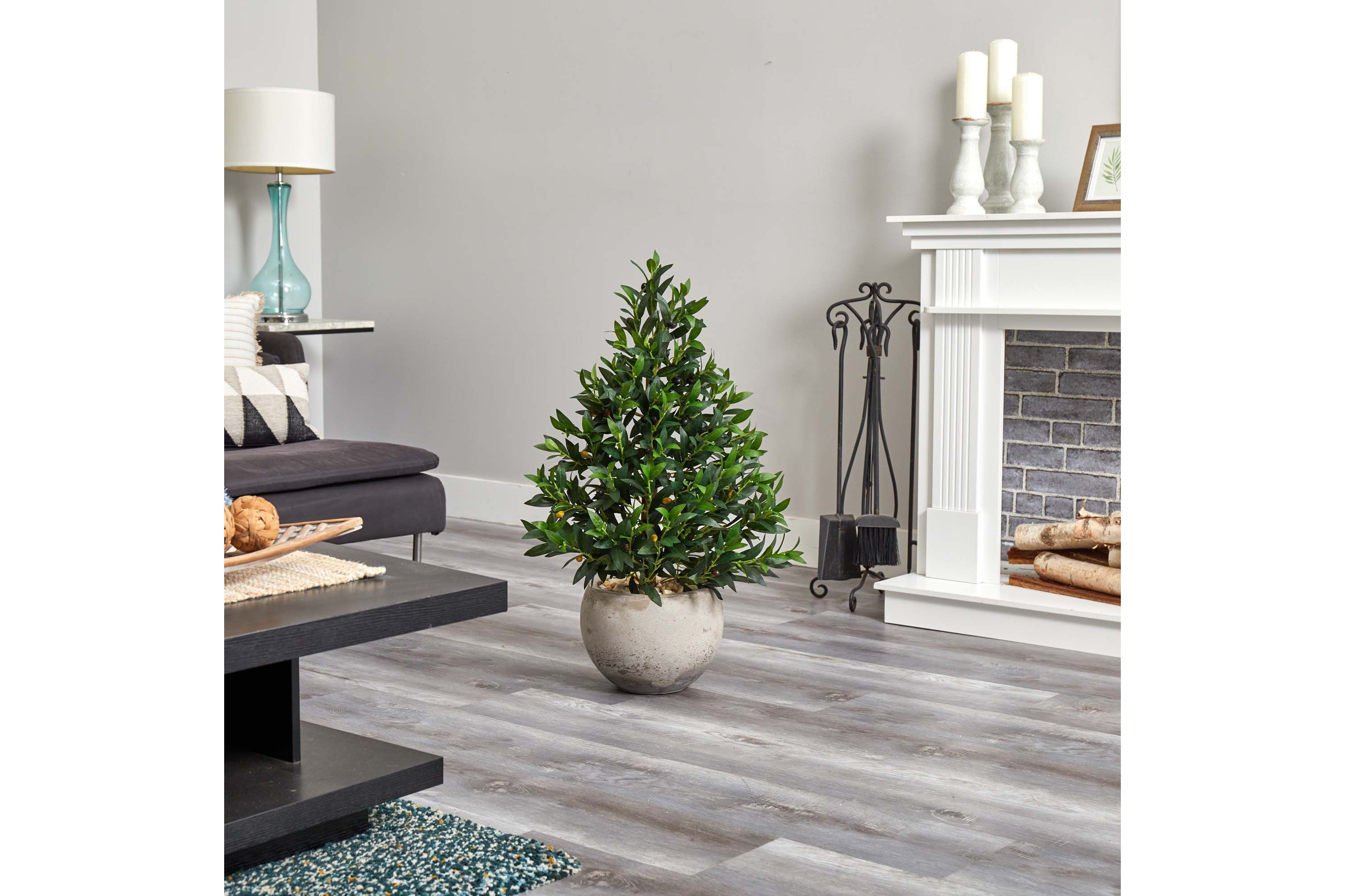 3-Foot Olive Cone Topiary Artificial Tree in Sand Stone Planter UV Resistant (Indoor/Outdoor)