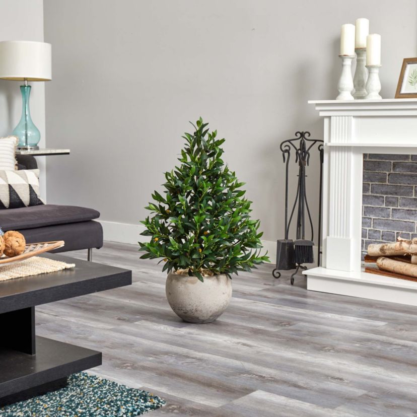 3-Foot Olive Cone Topiary Artificial Tree in Sand Stone Planter UV Resistant (Indoor/Outdoor)