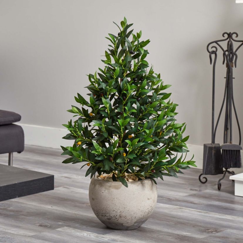 3-Foot Olive Cone Topiary Artificial Tree in Sand Stone Planter UV Resistant (Indoor/Outdoor)
