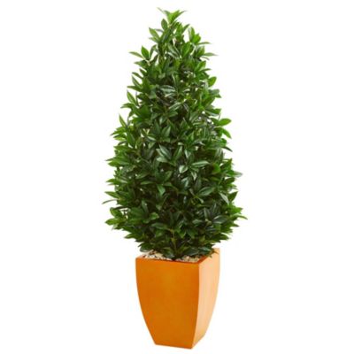 57-Inch Bay Leaf Artificial Topiary Tree in Orange Planter UV Resistant (Indoor/Outdoor)