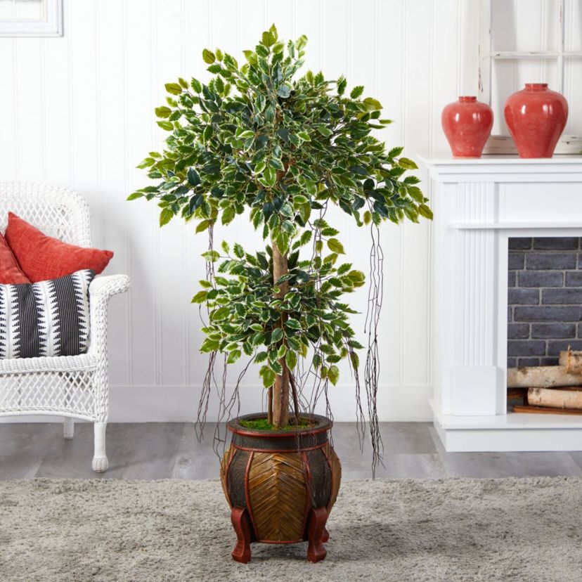 59-Inch Variegated Ficus Artificial Tree in Decorative Planter