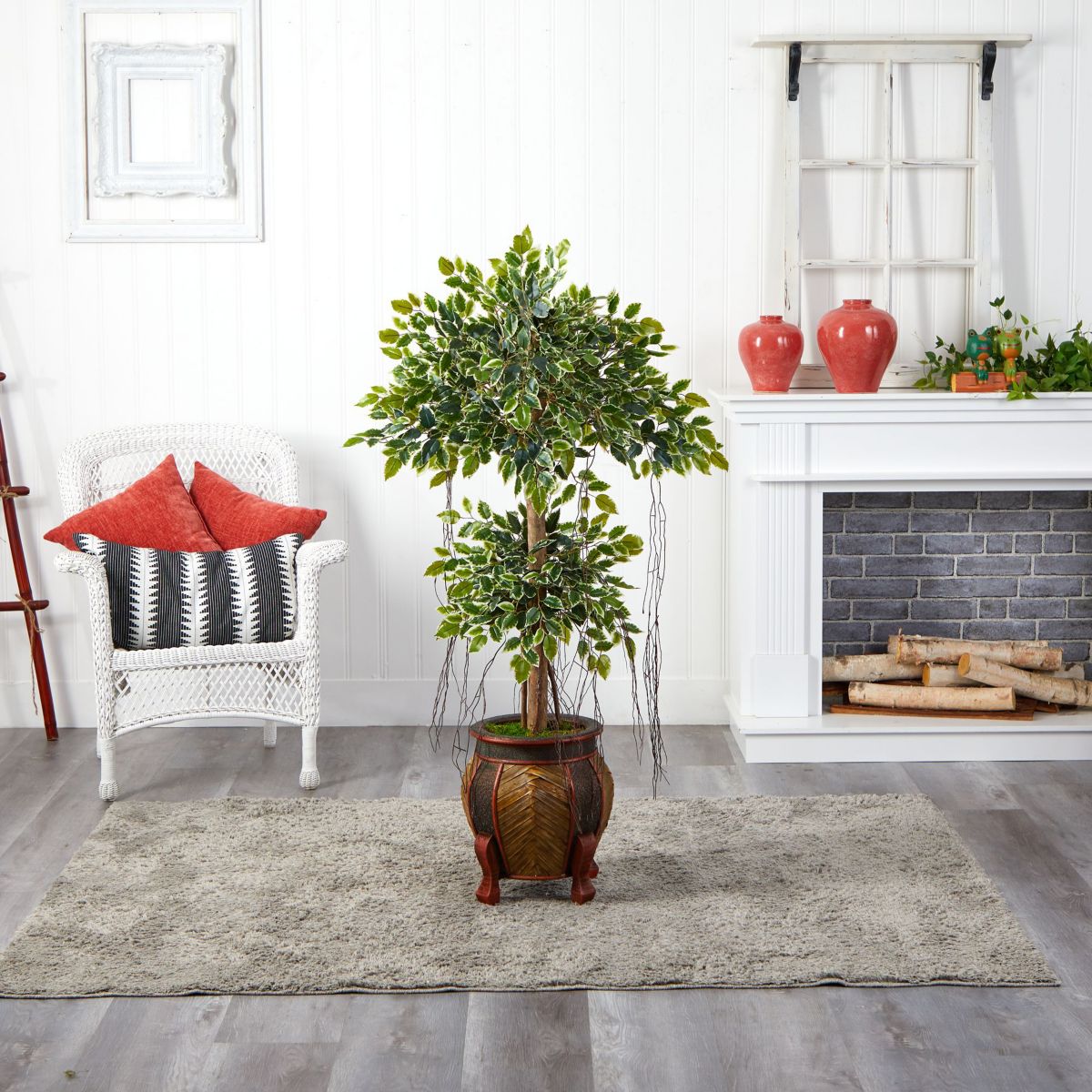 59-Inch Variegated Ficus Artificial Tree in Decorative Planter