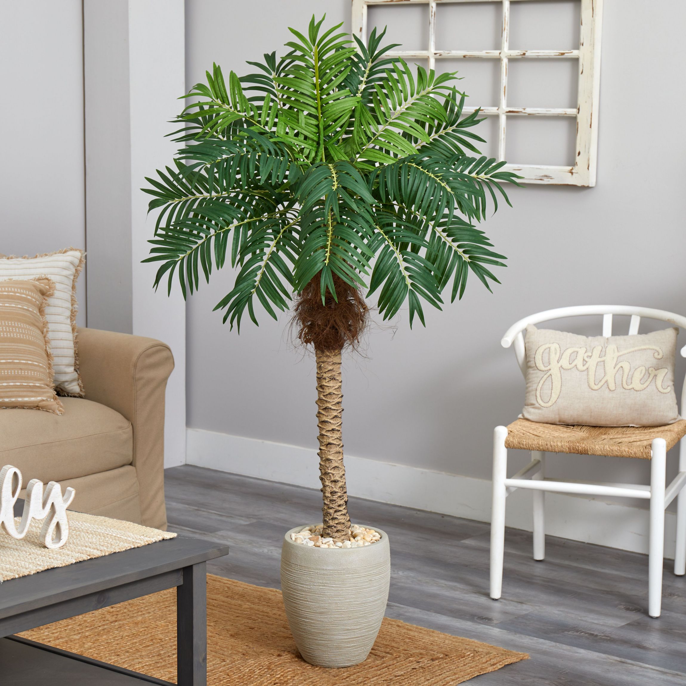 63-Inch Robellini Palm Artificial Tree in Sandstone Planter