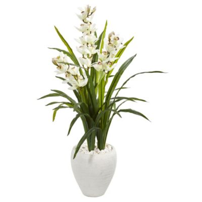 4-Foot Cymbidium Orchid Artificial Plant in White Planter