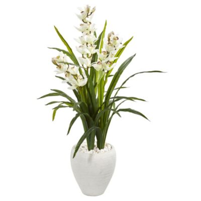 Nearly Natural 4-Foot Cymbidium Orchid Artificial Plant in White Planter