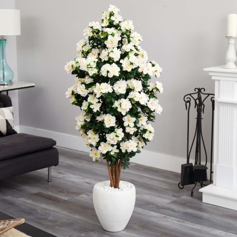 5-Foot Azalea Artificial Tree in White Planter