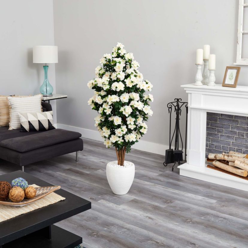 5-Foot Azalea Artificial Tree in White Planter