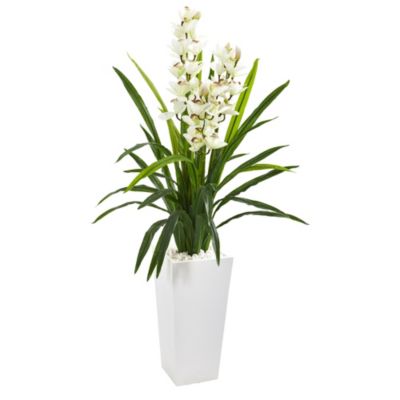 Nearly Natural 4.5-Foot Cymbidium Orchid Artificial Plant in White Tower Planter, Green