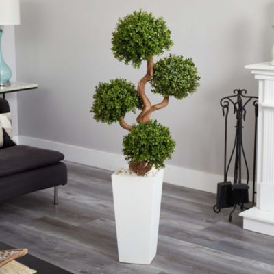 55-Inch Four Ball Boxwood Artificial Topiary Tree in Tall White Planter