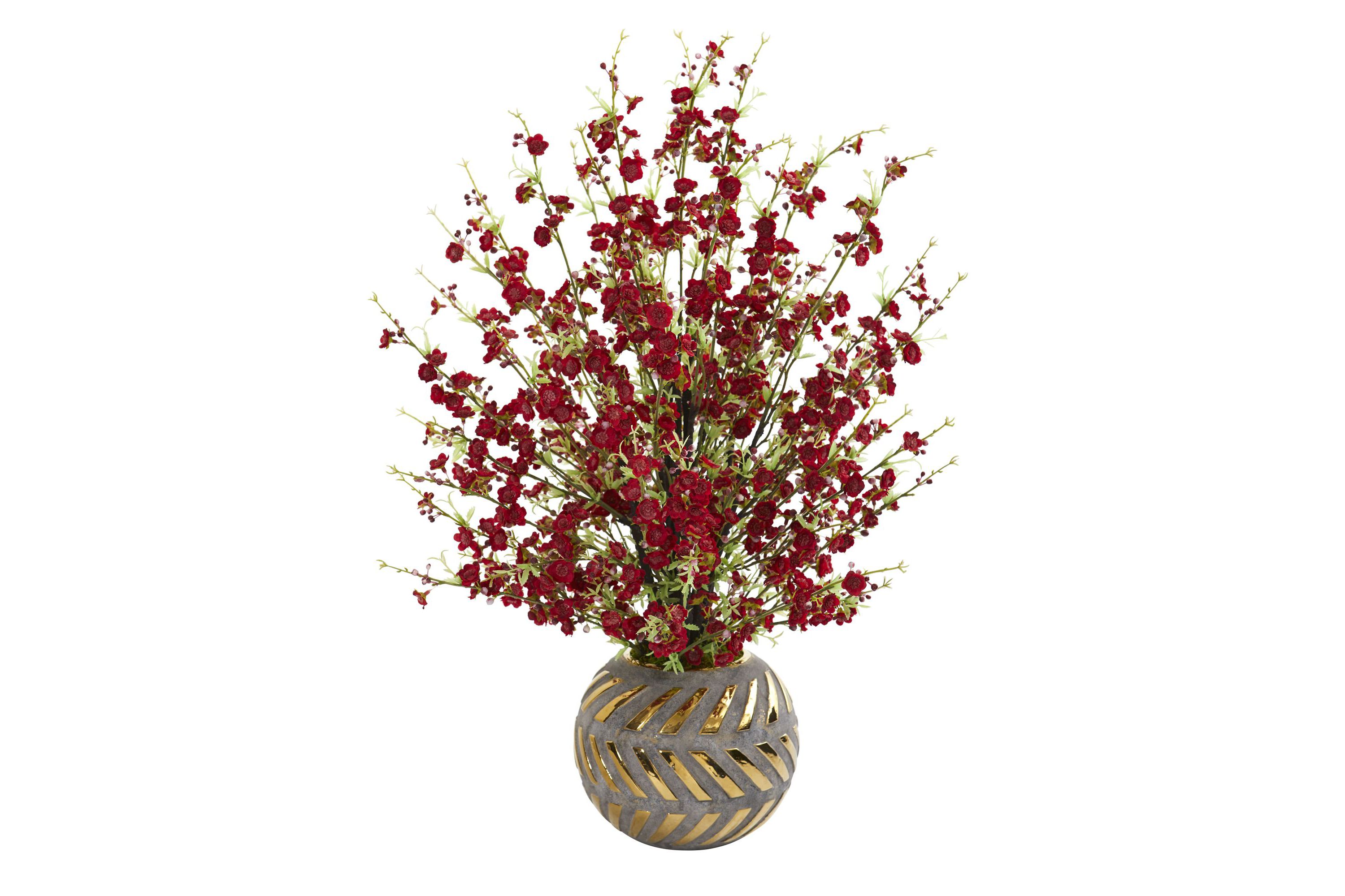 30-Inch Cherry Blossom Artificial Arrangement in Stoneware Vase with Gold Trimming
