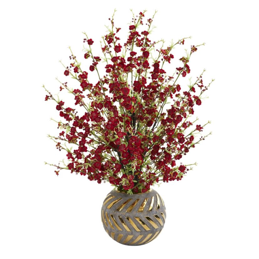 30-Inch Cherry Blossom Artificial Arrangement in Stoneware Vase with Gold Trimming