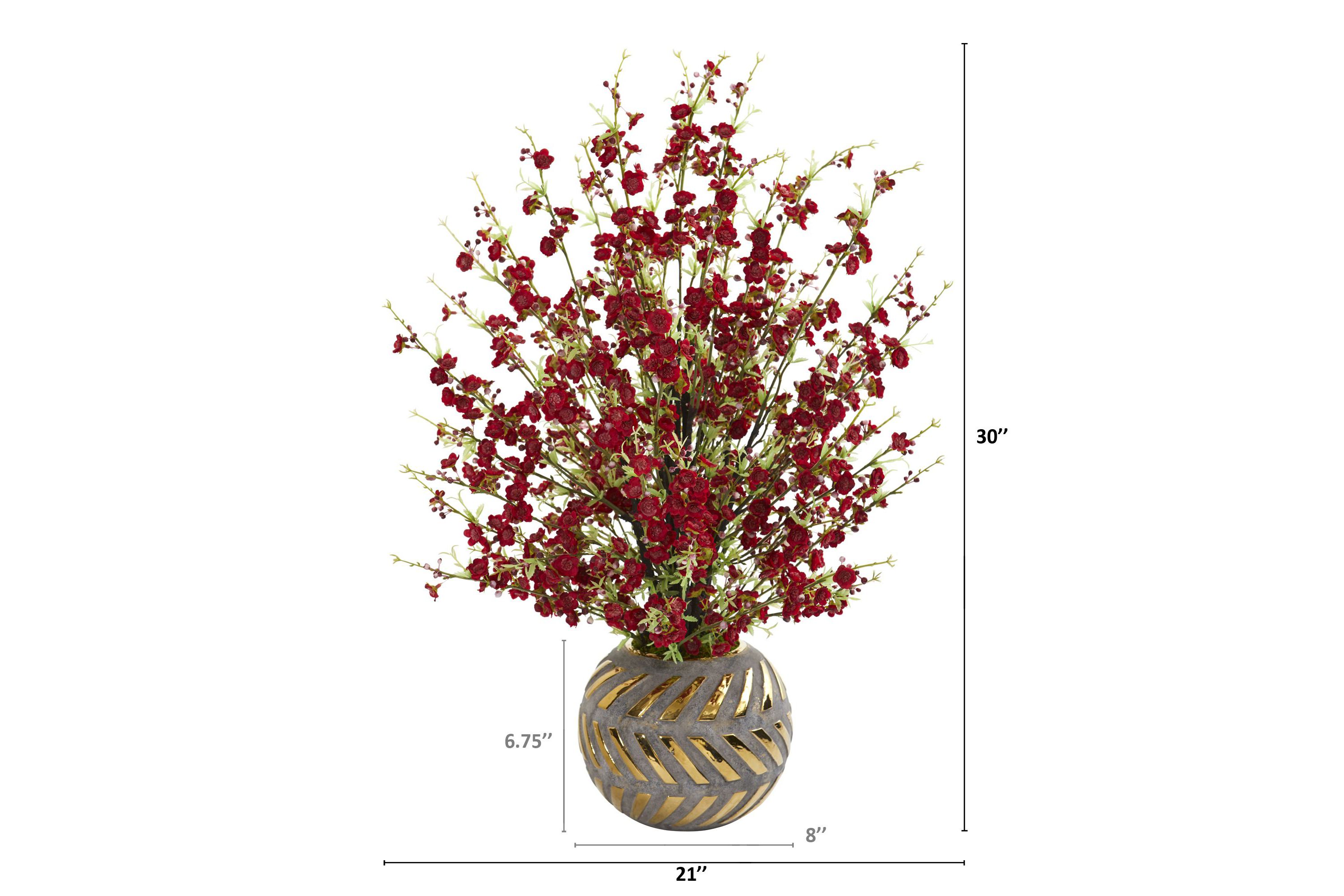30-Inch Cherry Blossom Artificial Arrangement in Stoneware Vase with Gold Trimming