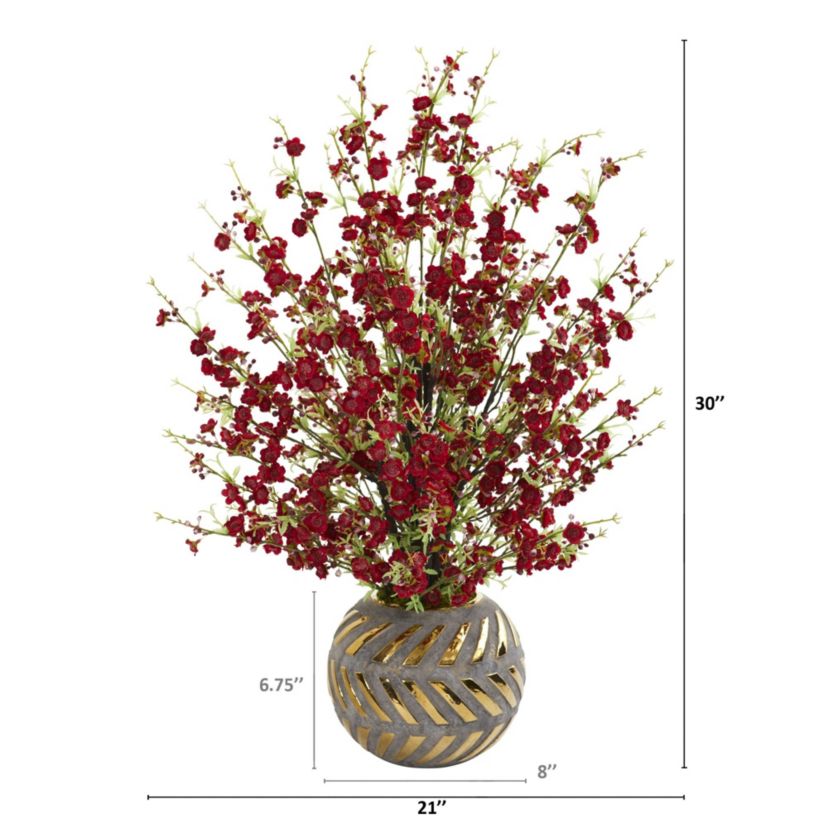 30-Inch Cherry Blossom Artificial Arrangement in Stoneware Vase with Gold Trimming