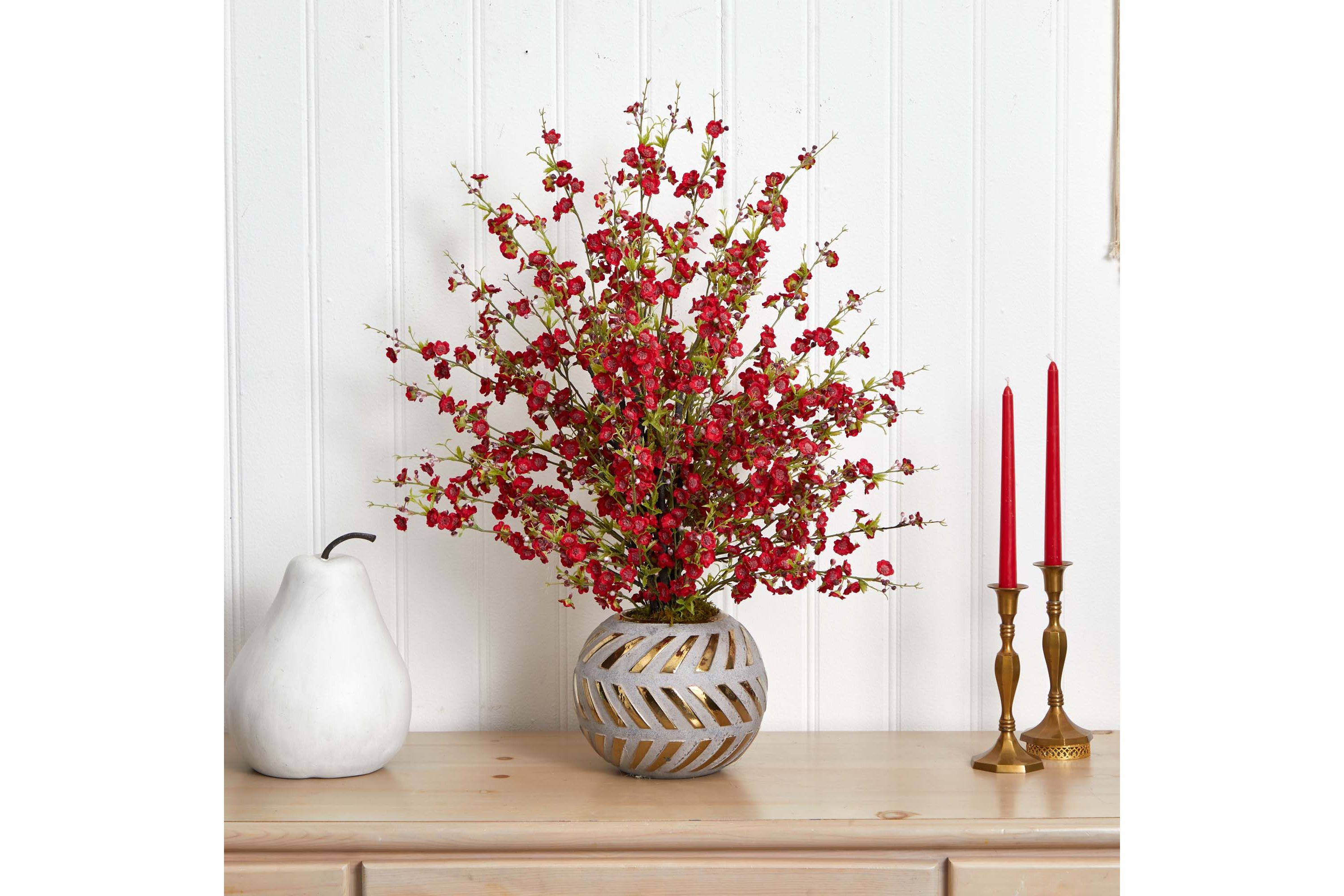 30-Inch Cherry Blossom Artificial Arrangement in Stoneware Vase with Gold Trimming