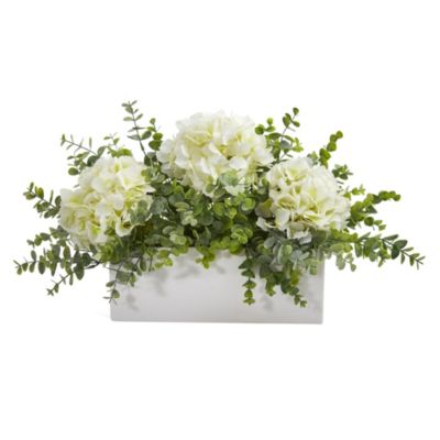 15-Inch Hydrangea and Eucalyptus Artificial Arrangement in White Vase
