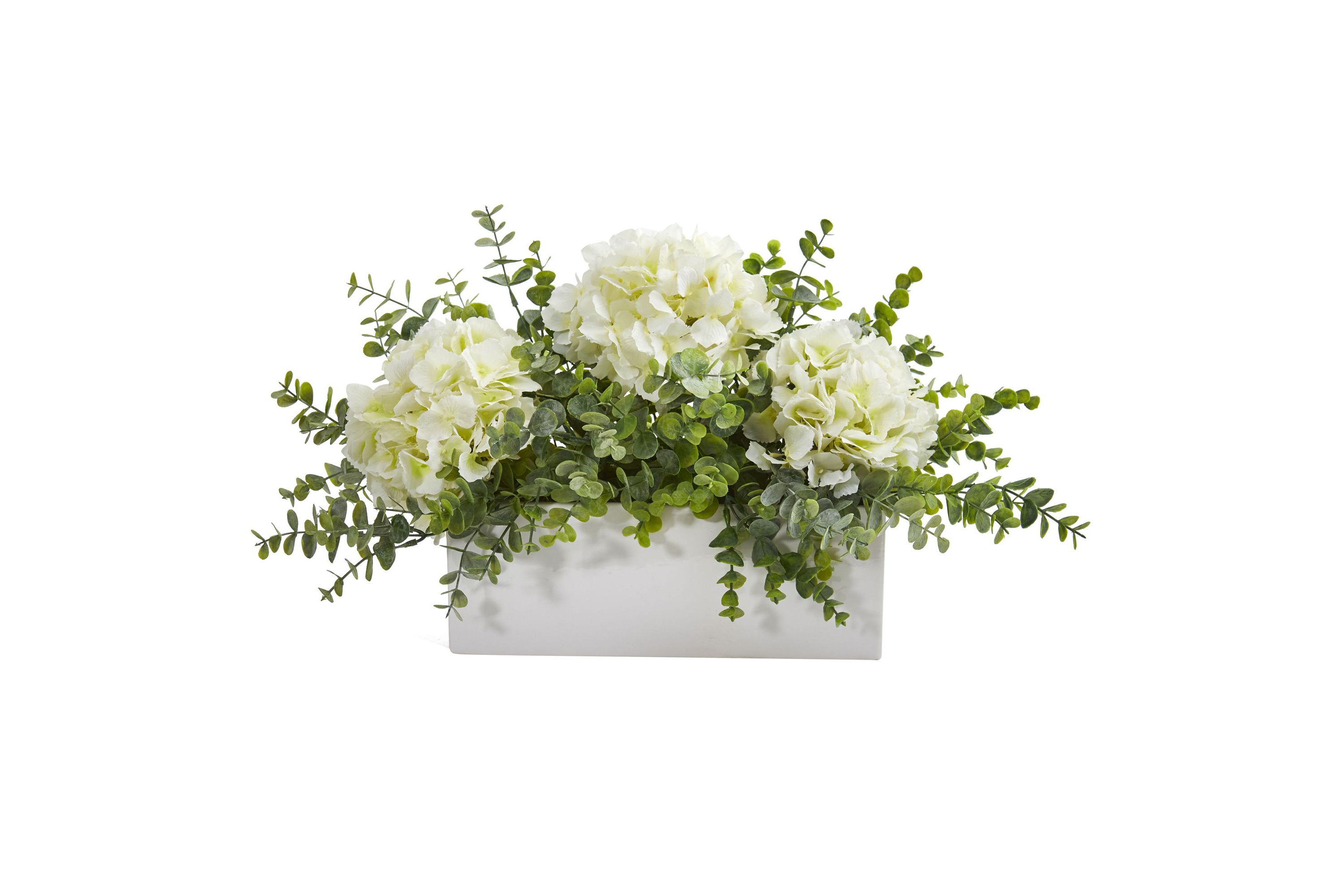 15-Inch Hydrangea and Eucalyptus Artificial Arrangement in White Vase