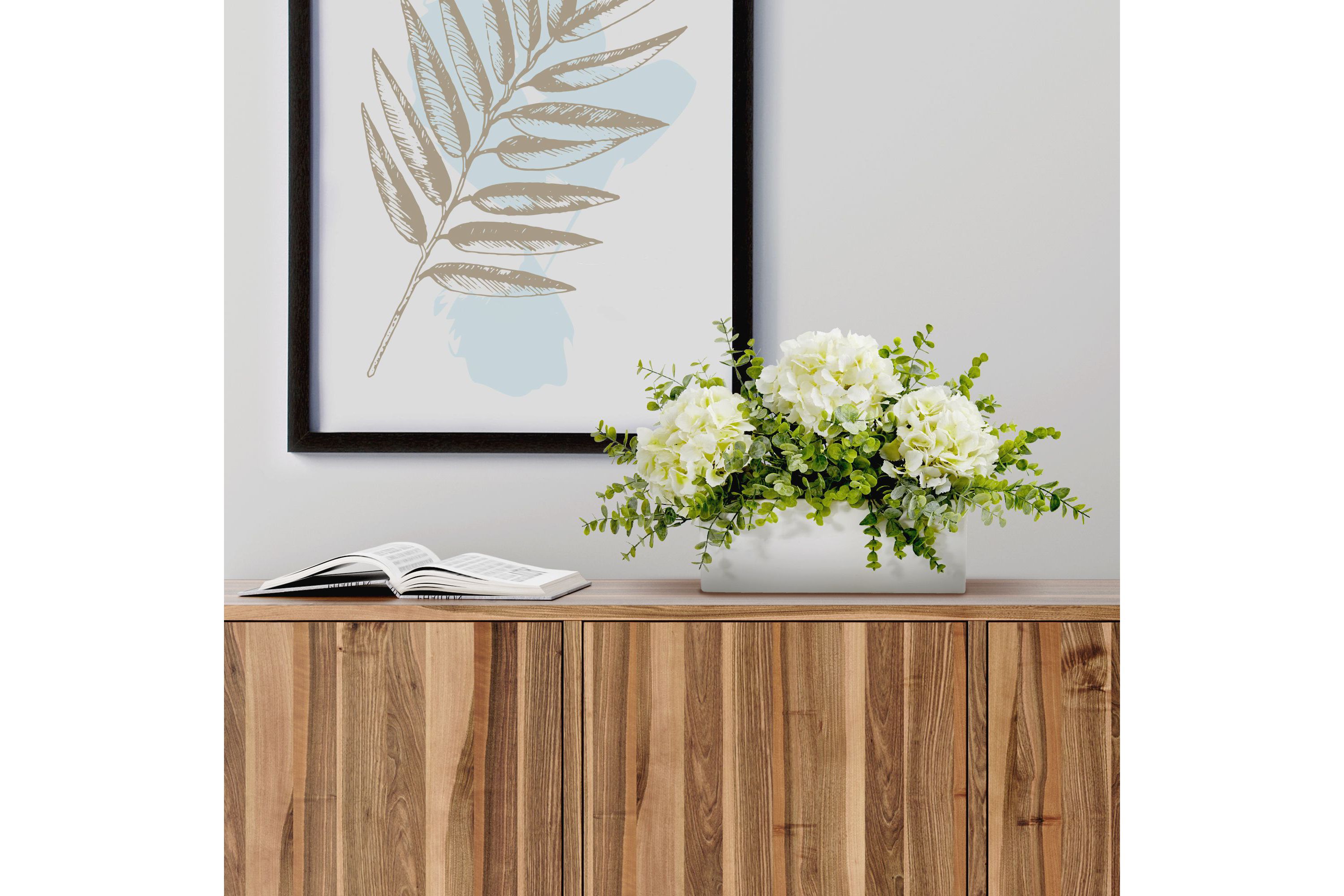 15-Inch Hydrangea and Eucalyptus Artificial Arrangement in White Vase