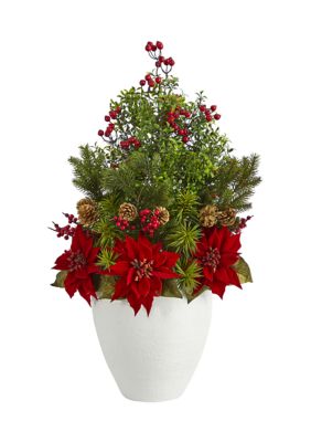 Poinsettia Boxwood and Succulent Arrangement