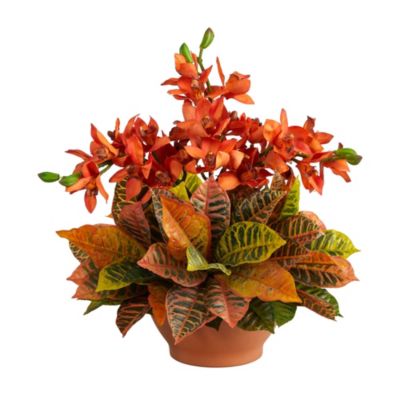 21-Inch Cymbidium Orchid and Croton Artificial Arrangement in Terra Cotta Vase