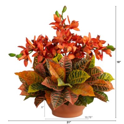 21-Inch Cymbidium Orchid and Croton Artificial Arrangement in Terra Cotta Vase