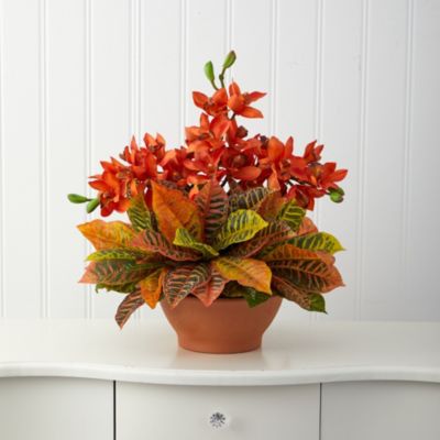 21-Inch Cymbidium Orchid and Croton Artificial Arrangement in Terra Cotta Vase