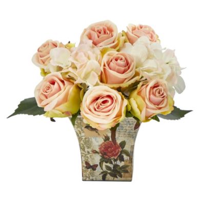 8-Inch Rose and Hydrangea Bouquet Artificial Arrangement in Floral Vase