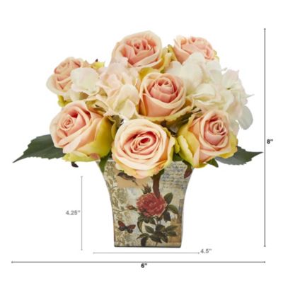 8-Inch Rose and Hydrangea Bouquet Artificial Arrangement in Floral Vase