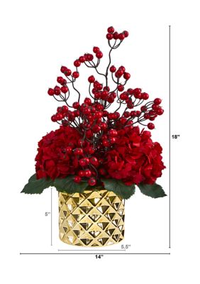 18 Inch Hydrangea and Berries Artificial Arrangement in Gold Vase