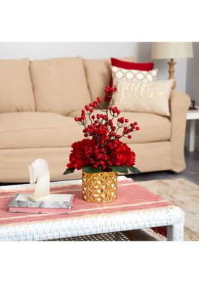 18 Inch Hydrangea and Berries Artificial Arrangement in Gold Vase