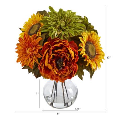 12-Inch Peony, Dahlia and Sunflower Artificial Arrangement in Glass Vase