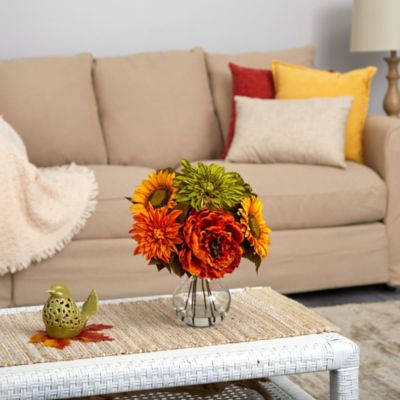 12-Inch Peony, Dahlia and Sunflower Artificial Arrangement in Glass Vase