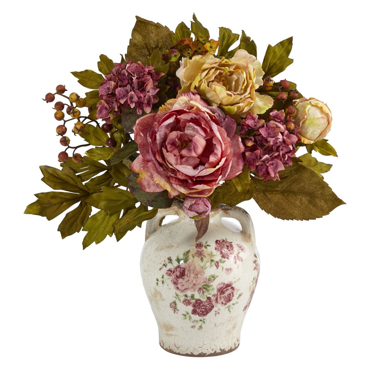 16-Inch Peony Artificial Arrangement in Flower Print Jar