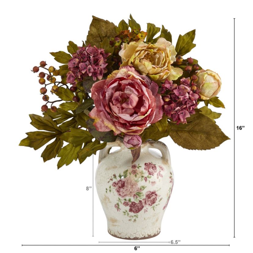 16-Inch Peony Artificial Arrangement in Flower Print Jar