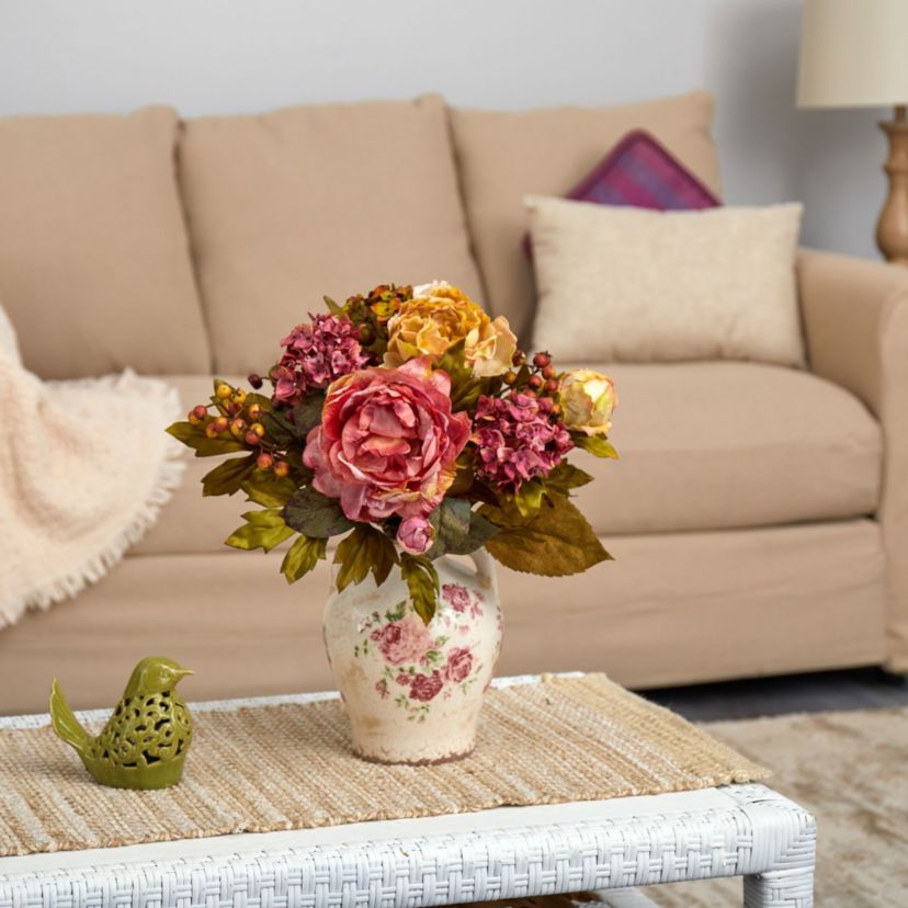 16-Inch Peony Artificial Arrangement in Flower Print Jar