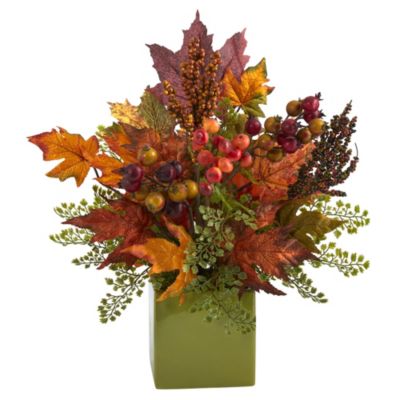 17-Inch Maple Leaf, Berries and Maiden Hair Artificial Arrangement in Green Vase