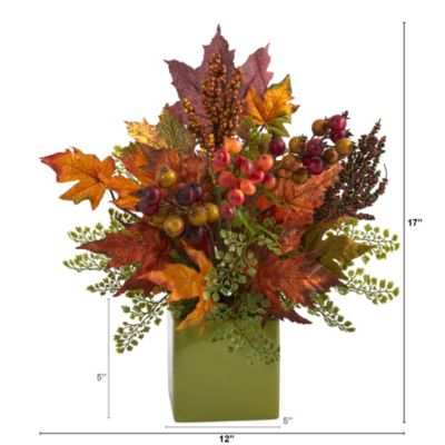 17-Inch Maple Leaf, Berries and Maiden Hair Artificial Arrangement in Green Vase