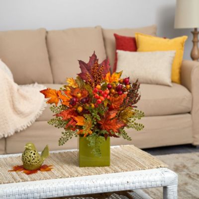 17-Inch Maple Leaf, Berries and Maiden Hair Artificial Arrangement in Green Vase