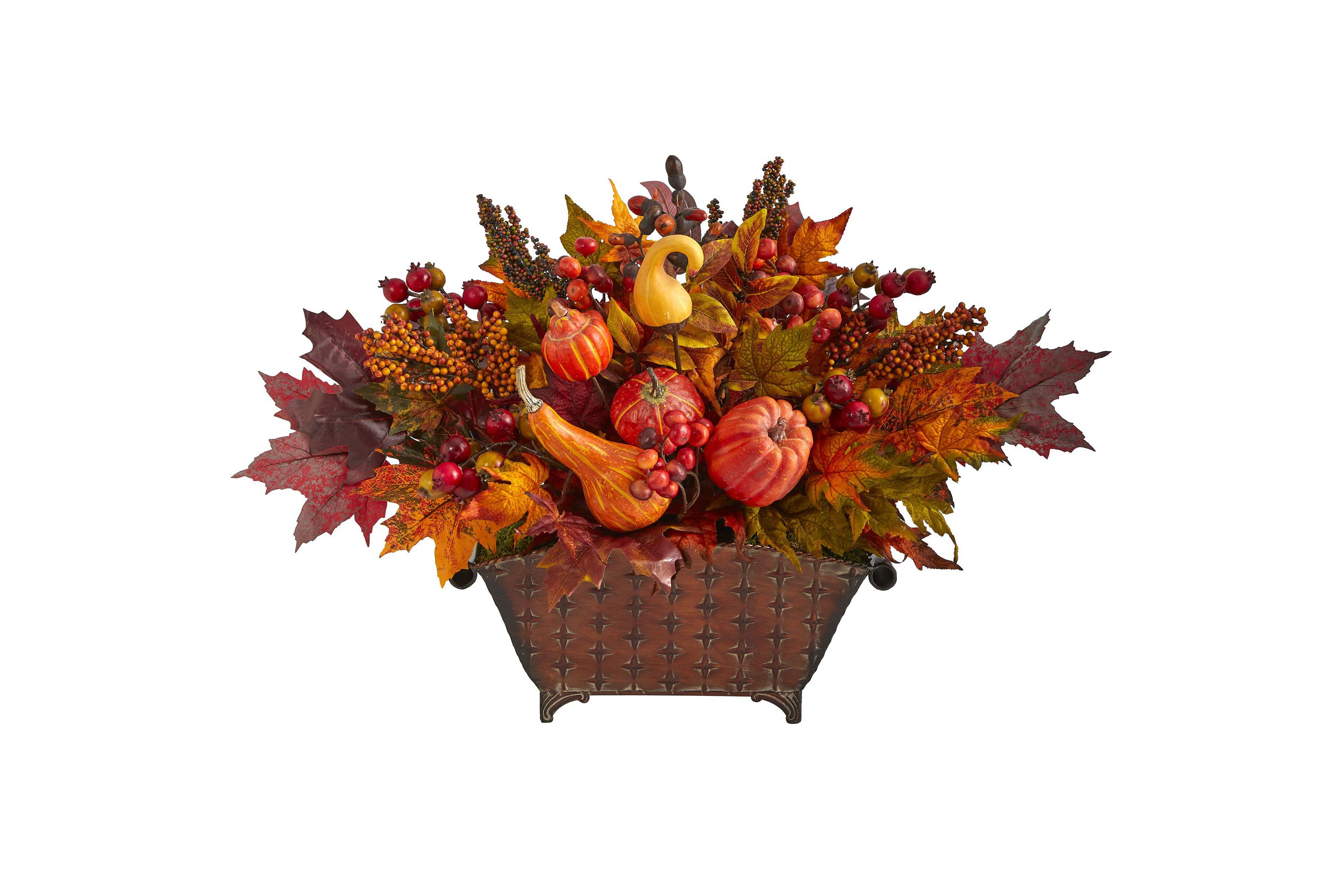 27-Inch Pumpkin, Maple Leaf and Berries Artificial Arrangement in Metal Vase