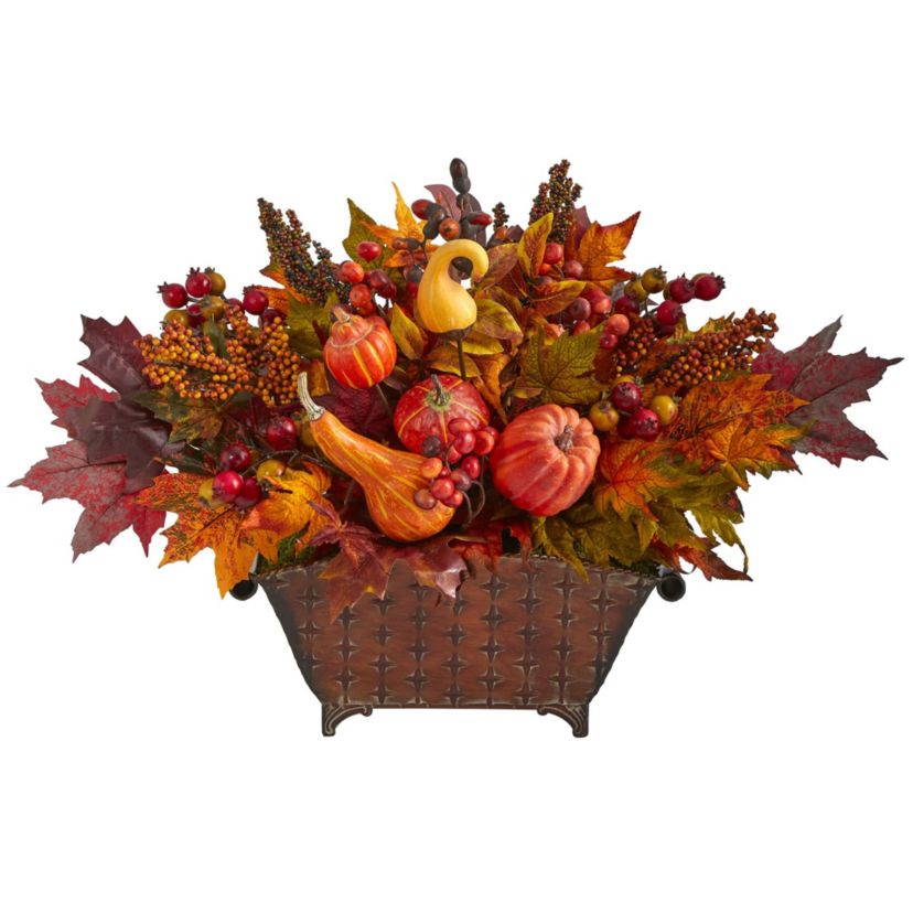 27-Inch Pumpkin, Maple Leaf and Berries Artificial Arrangement in Metal Vase