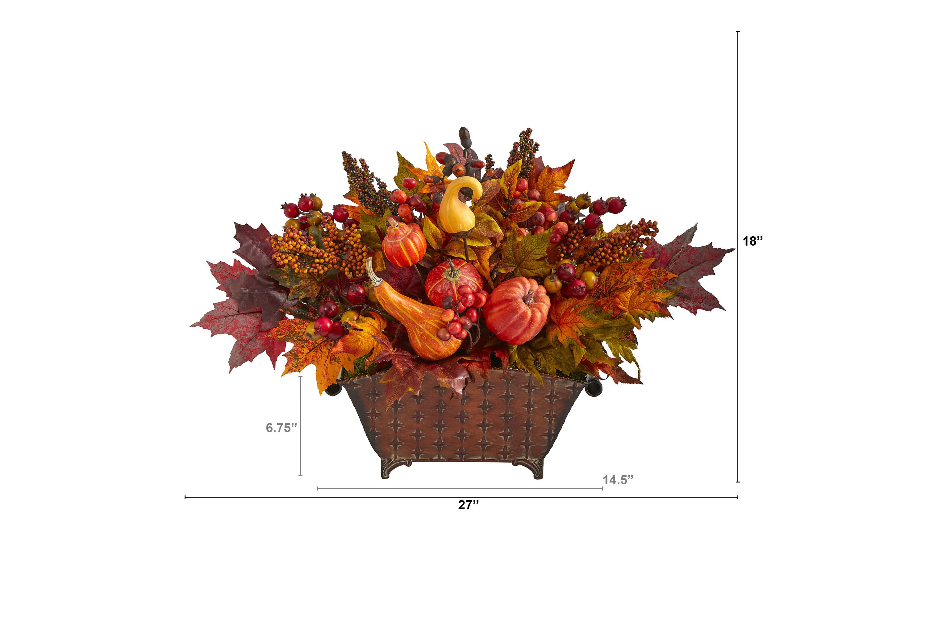 27-Inch Pumpkin, Maple Leaf and Berries Artificial Arrangement in Metal Vase