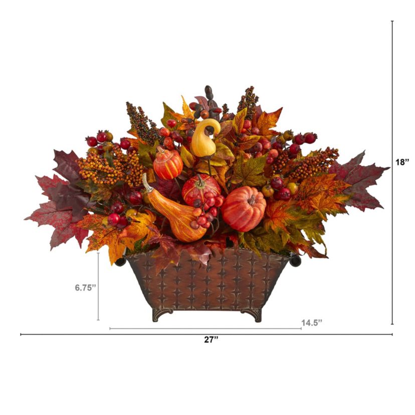 27-Inch Pumpkin, Maple Leaf and Berries Artificial Arrangement in Metal Vase