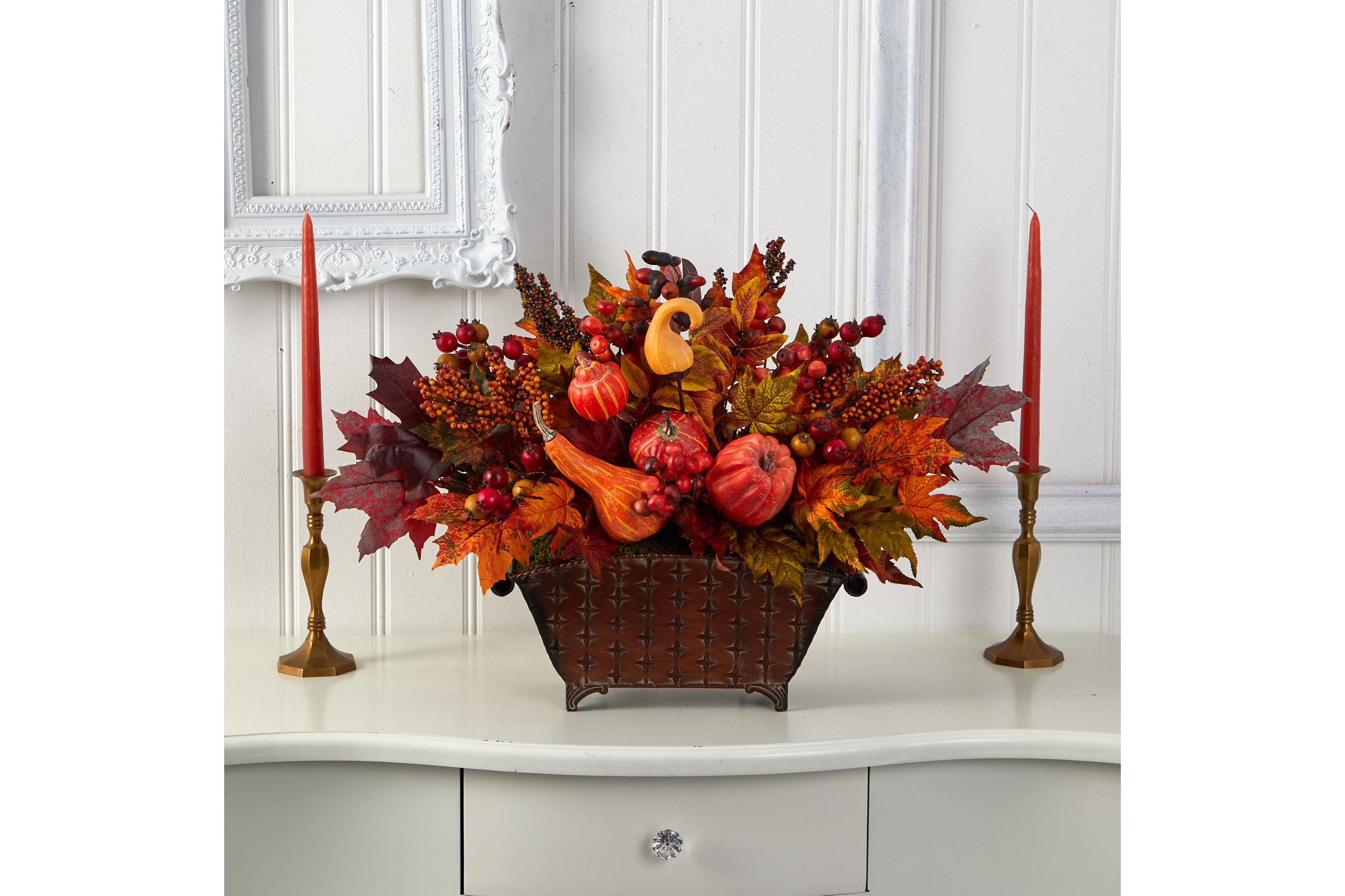 27-Inch Pumpkin, Maple Leaf and Berries Artificial Arrangement in Metal Vase