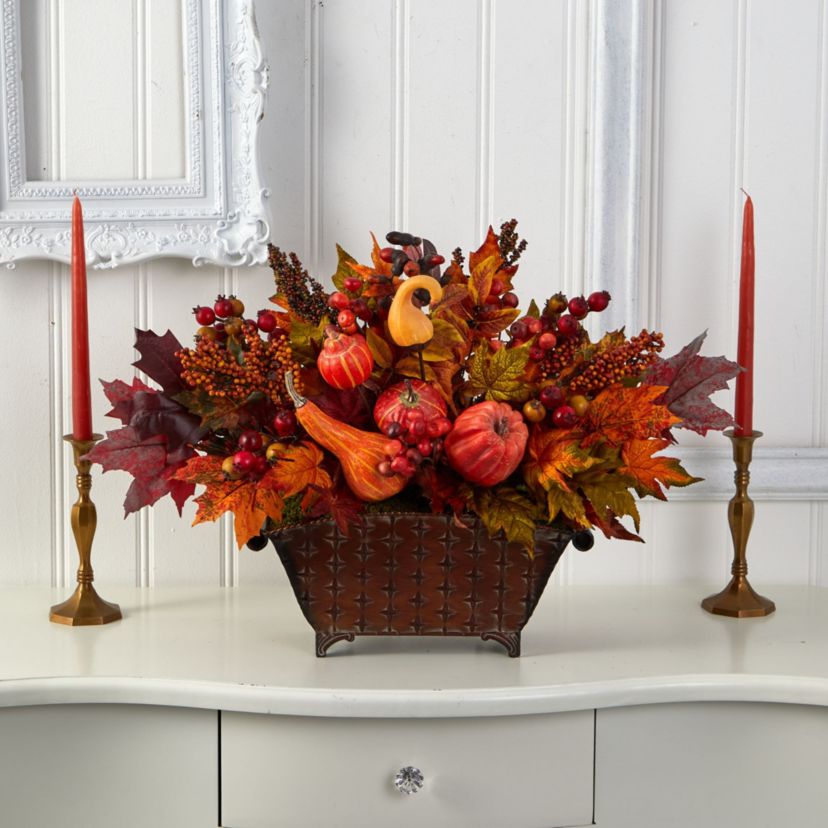 27-Inch Pumpkin, Maple Leaf and Berries Artificial Arrangement in Metal Vase