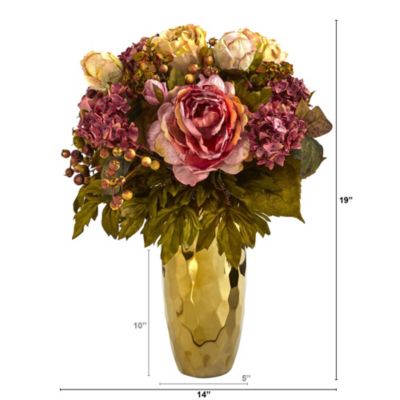 19-Inch Peony Artificial Arrangement in Gold Vase