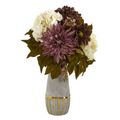 17-Inch Peony, Hydrangea and Dahlia Artificial Arrangement in Stoneware Vase with Gold Trimming