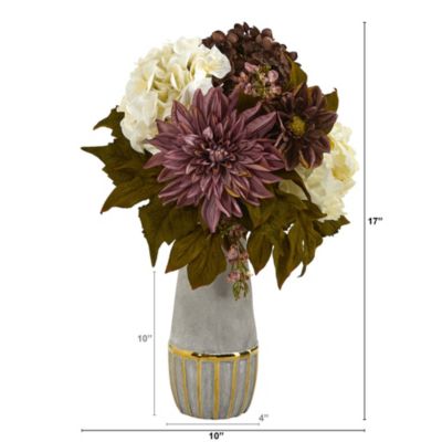 17-Inch Peony, Hydrangea and Dahlia Artificial Arrangement in Stoneware Vase with Gold Trimming