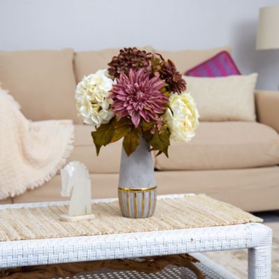 17-Inch Peony, Hydrangea and Dahlia Artificial Arrangement in Stoneware Vase with Gold Trimming