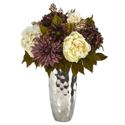 22-Inch Peony, Hydrangea and Dahlia Artificial Arrangement in Silver Vase