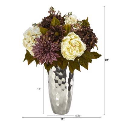 22-Inch Peony, Hydrangea and Dahlia Artificial Arrangement in Silver Vase