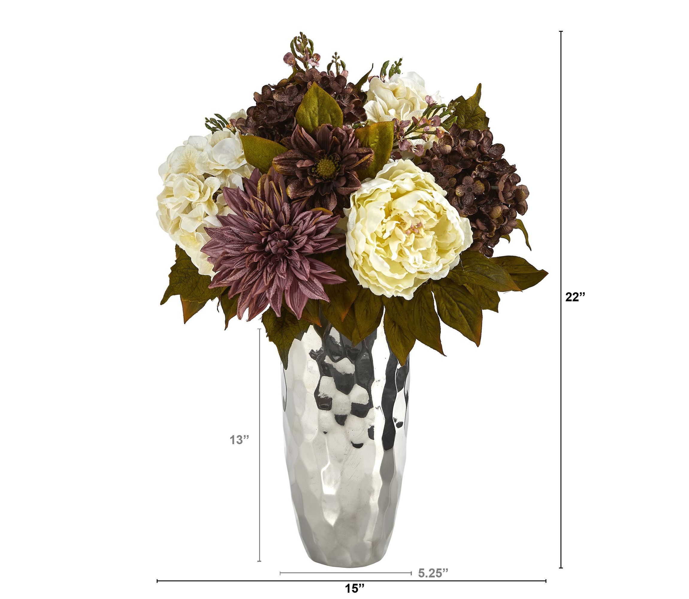 22-Inch Peony, Hydrangea and Dahlia Artificial Arrangement in Silver Vase